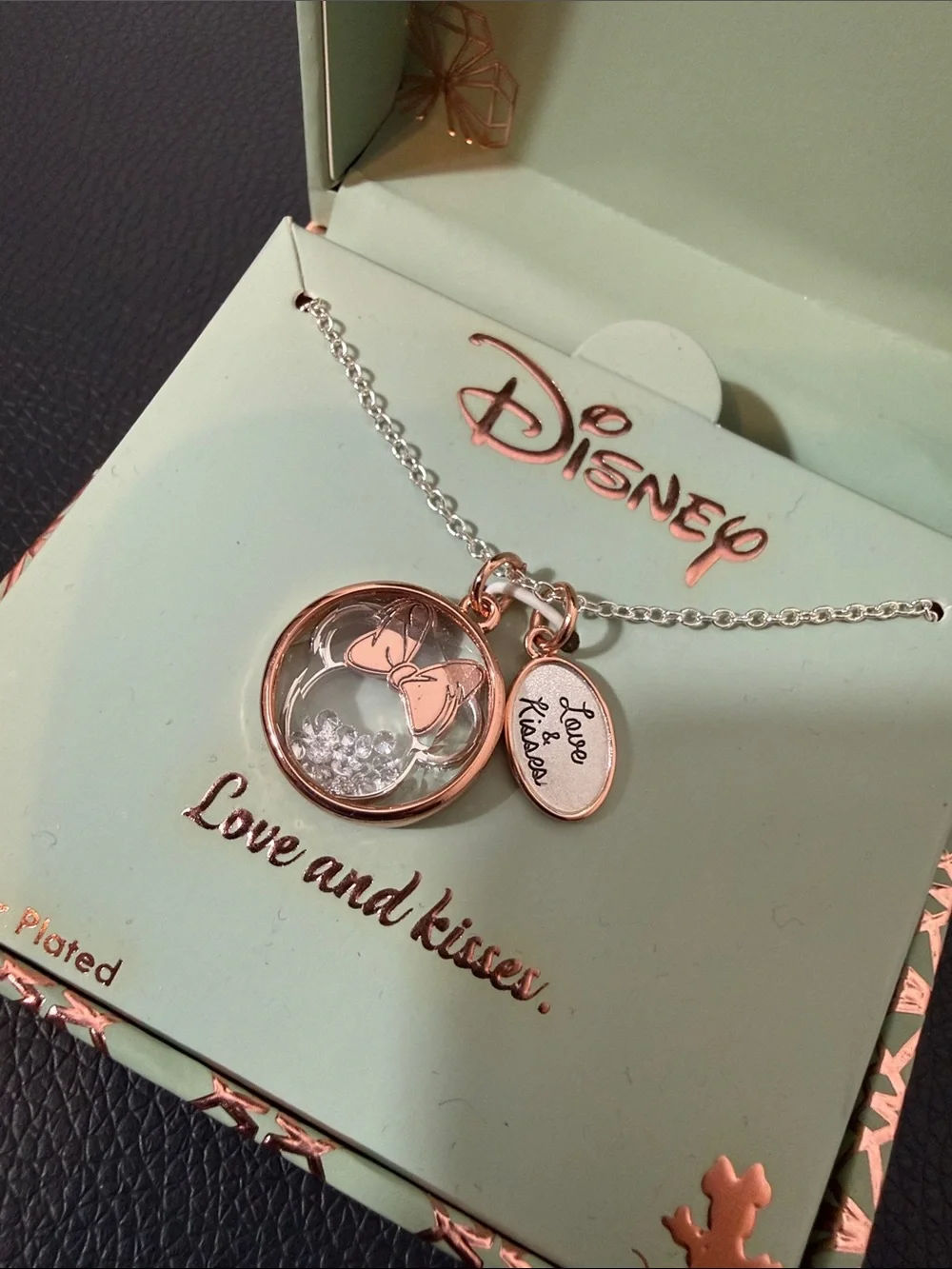 Disney Minnie Rose Gold and Silver Pendant Necklace with 'Love & Kisses' Charm